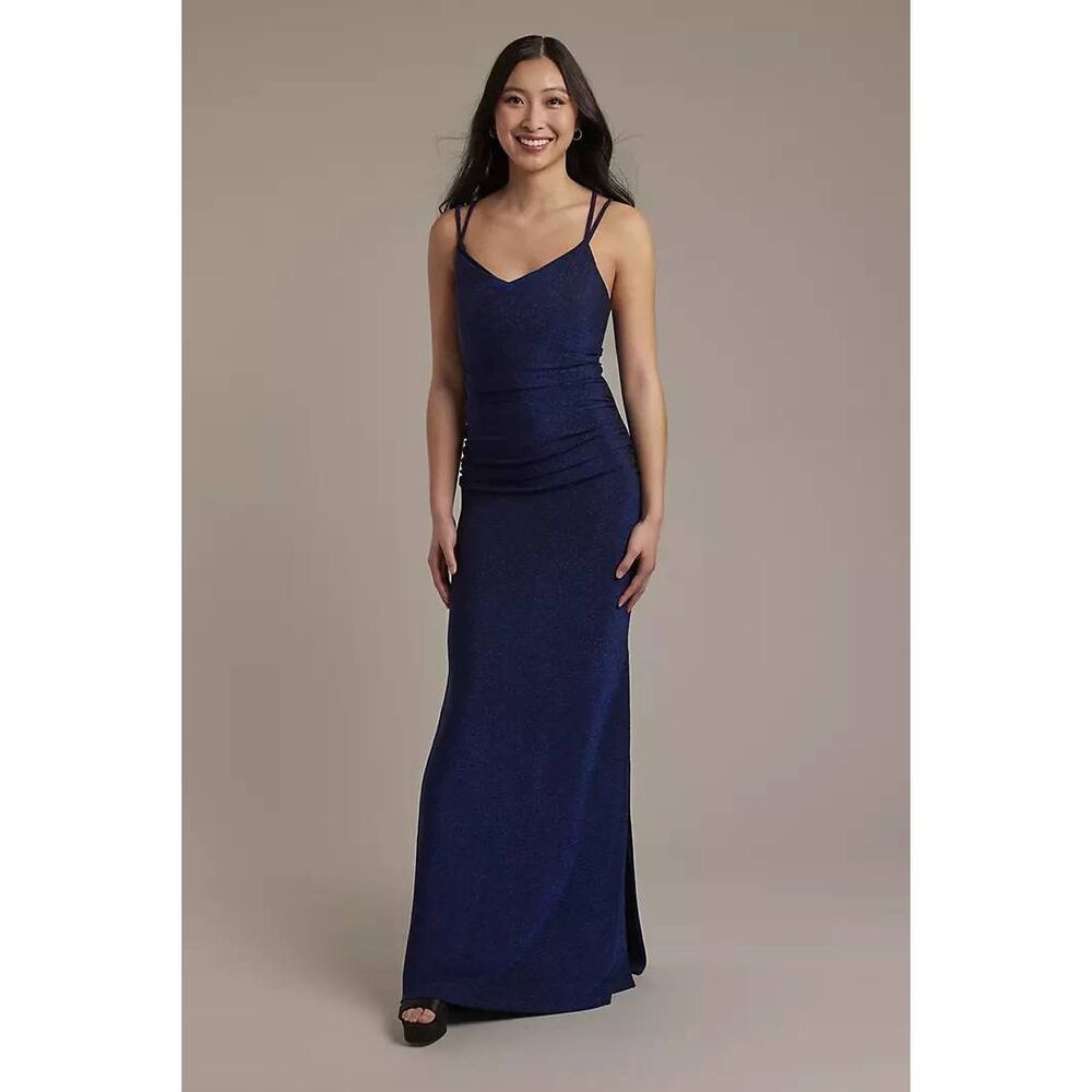 David's Bridal Womens Sze 8 Navy Marine Glitter Knit Cowl Neck Tank Sheath Dress